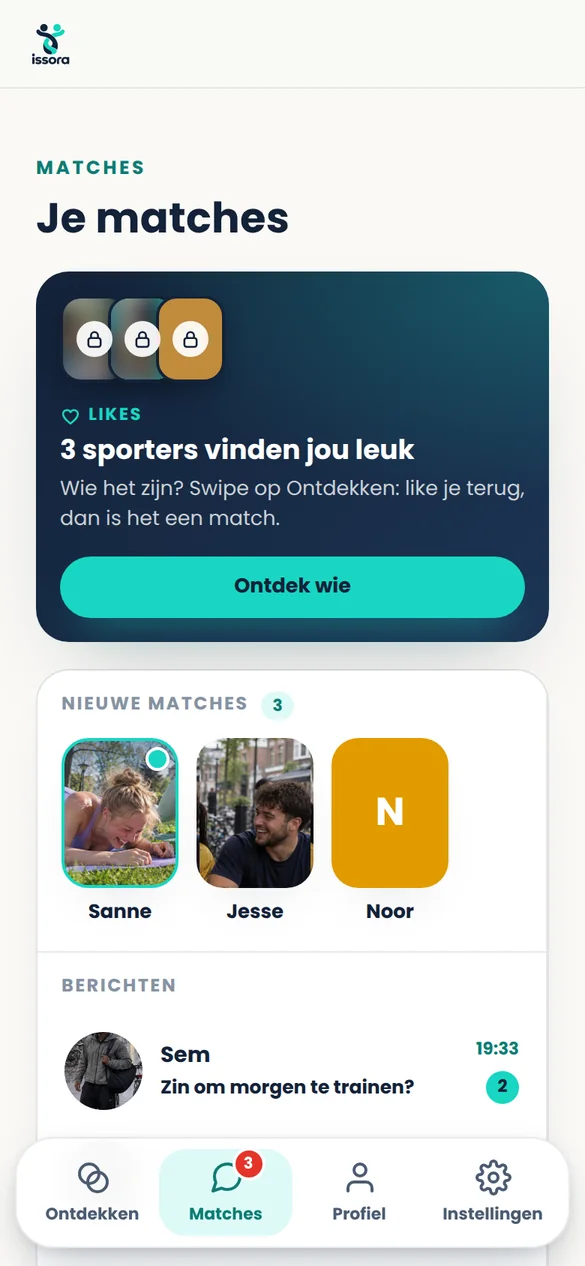 Het Matches-scherm van Issora met nieuwe matches en berichten