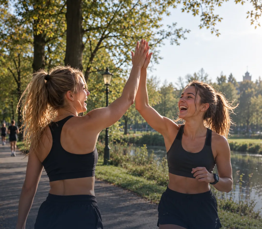 Twee sportmaatjes geven elkaar een high five na het hardlopen